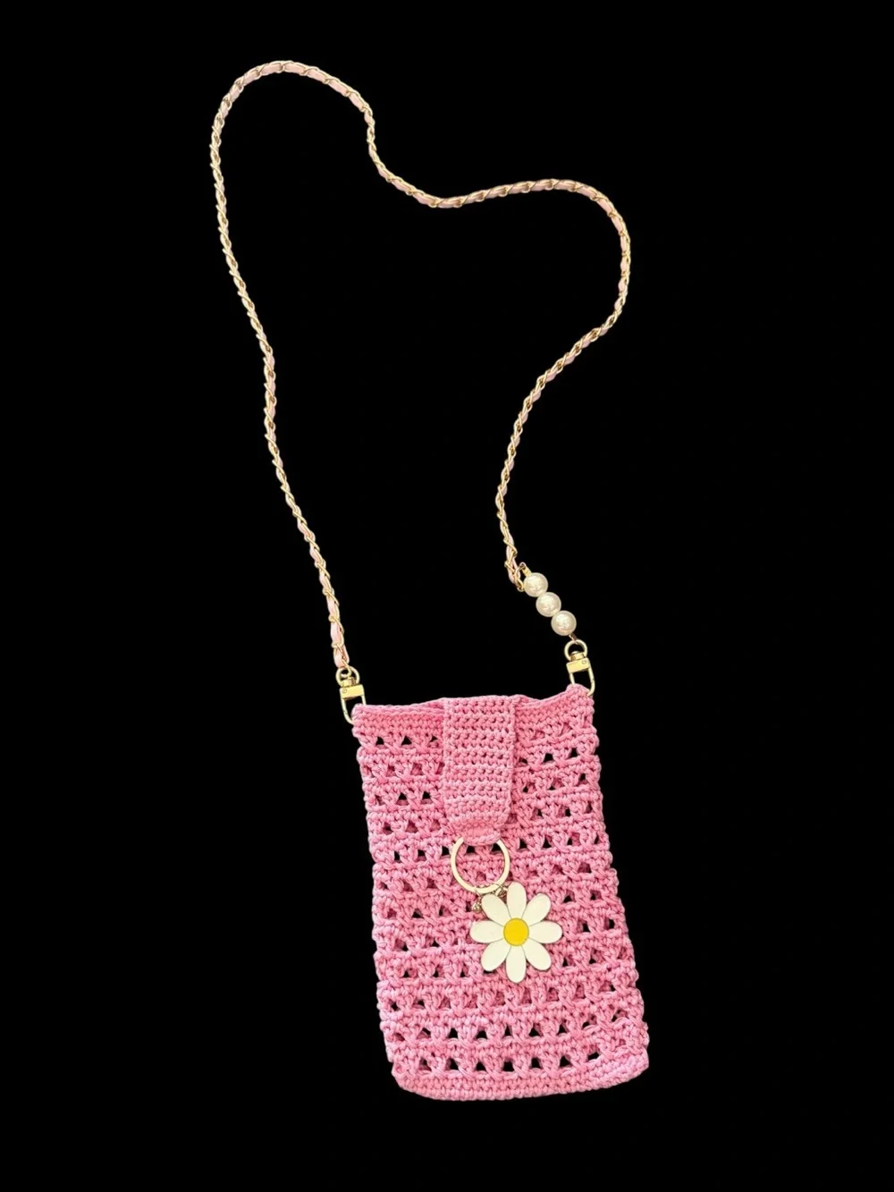 Pink Crochet Crossbody Phone Bag with Daisy Charm for Cell Phones